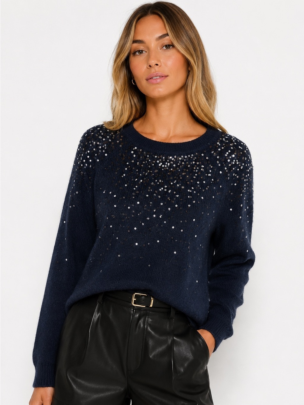 Vince Camuto Cozy Crewneck Sequined Raglan-Sleeve Sweater Navy Blue Size XXL